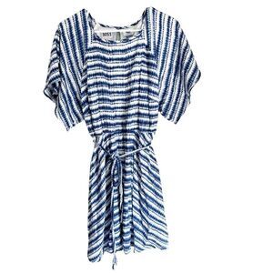 Old Navy Womens Blue White Fit & Flare Dress Large Kimono Keyhole Tie Waist